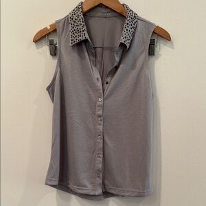 Gray Sleeveless Top with Patterned Collar
